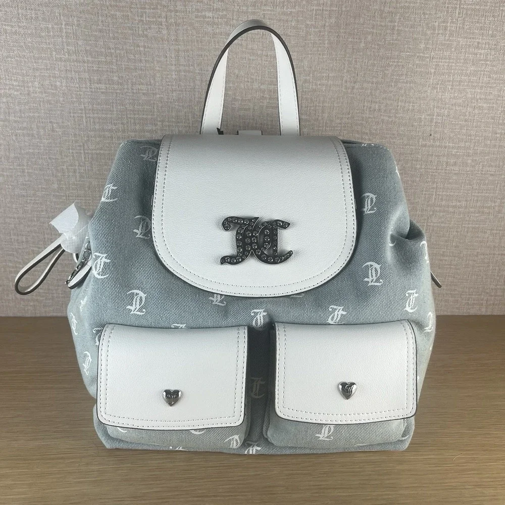 Juicy Couture Denim Monogram Back To Class Backpack RhinestoneLogo WhiteTrim NWT